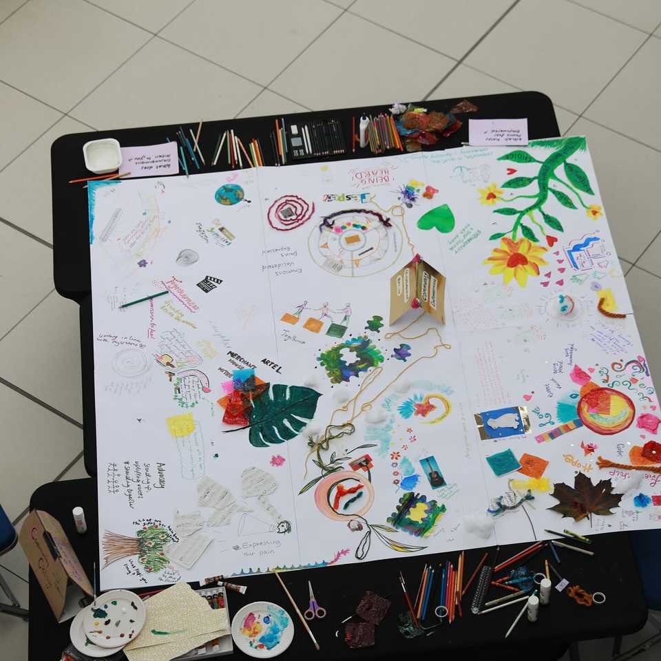 The whole collage on a table, surrounded by paints and pens