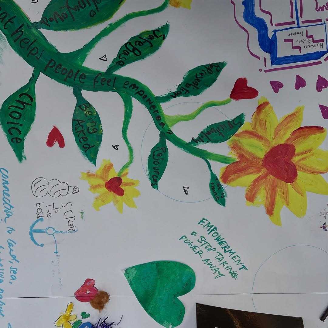 Detail of the community collage, with painted vines, a sunflower and torn tissue paper